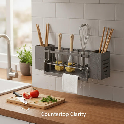 Wall-Mounted Storage Organizer for Kitchen Utensils, Compact Organizer with Chopstick Holder and Hanging Rod, PP Plastic, 13 x 3.3 x 1.6 Inches (1 PC)