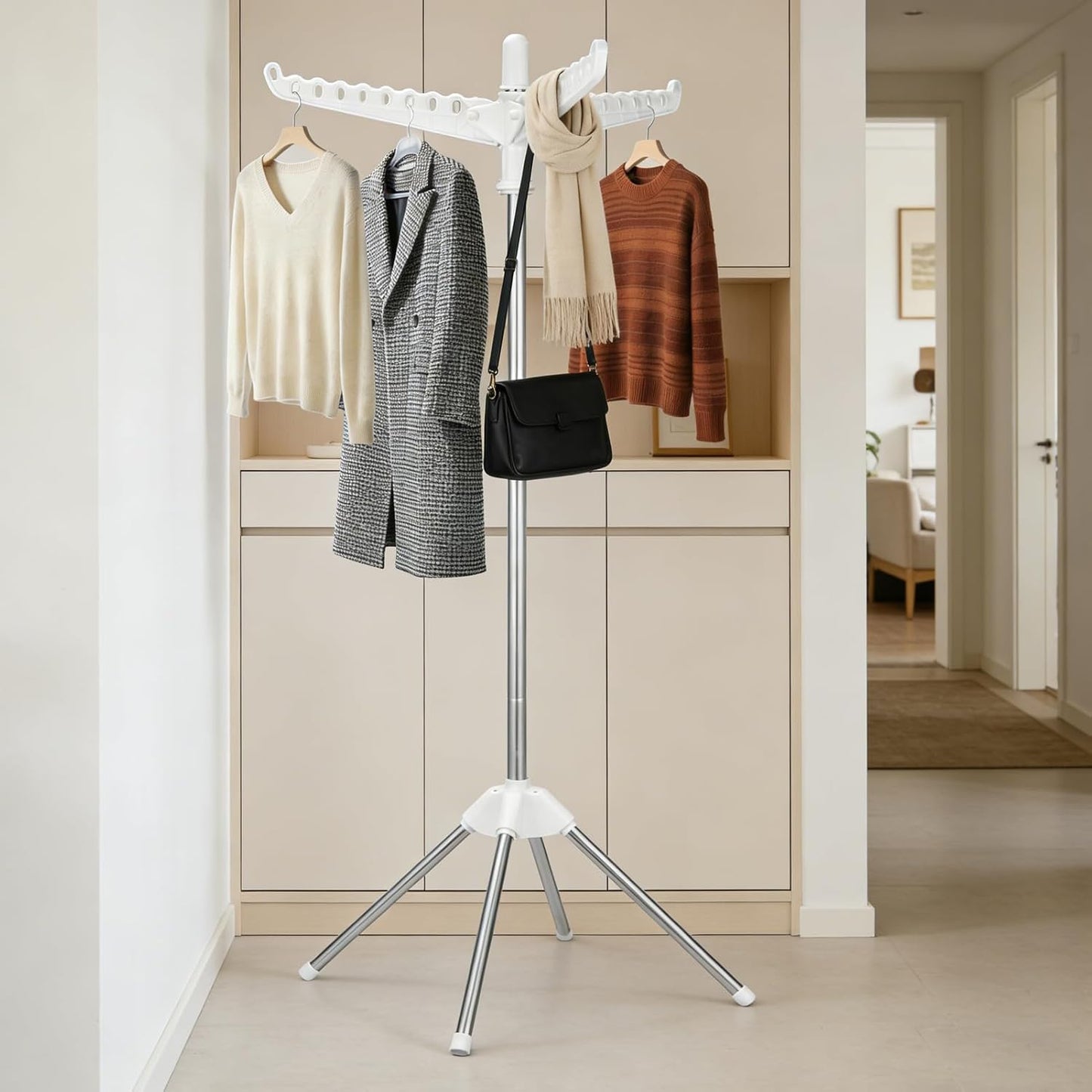 Rotatable and Foldable Clothes Drying Rack 59 Inch Laundry Drying Tree with 27 Hanging Holes, Space-Saving 4-Legged Free Standing Hanger Stand for Indoor, Balcony and Laundry Room