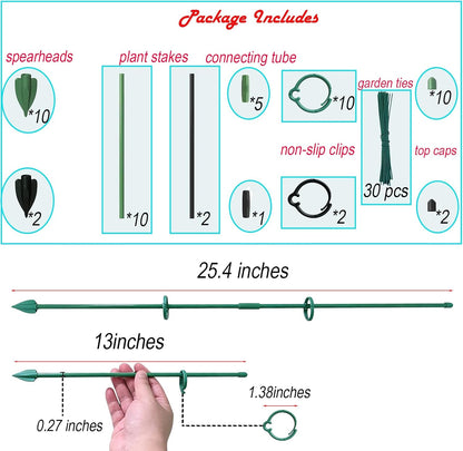 Plant Stakes for Indoor Plants, Height Adjustable Plant Stake with Clips, Durable Support Pole for Indoor Monstera, Orchid, Tomato & Potted Plants (13 Inches, 10 Green & 2 Black)