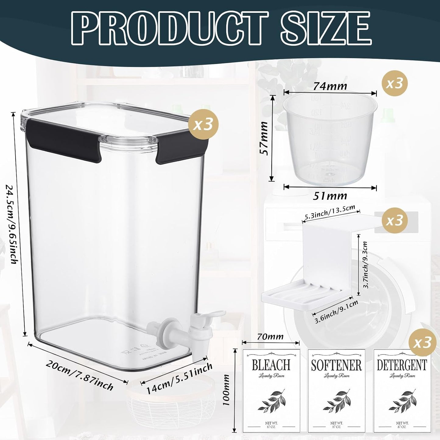Soaoo 3 Set 67.6 oz Liquid Laundry Detergent Dispenser with Faucet and Cup Holder Labels Plastic Fabric Softener Container Detergent Drip Catcher for Laundry Room Washing Soap