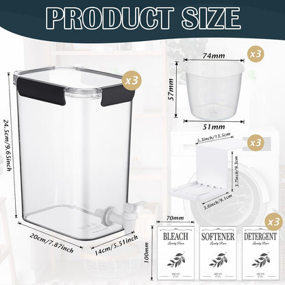 Soaoo 3 Set 67.6 oz Liquid Laundry Detergent Dispenser with Faucet and Cup Holder Labels Plastic Fabric Softener Container Detergent Drip Catcher for Laundry Room Washing Soap