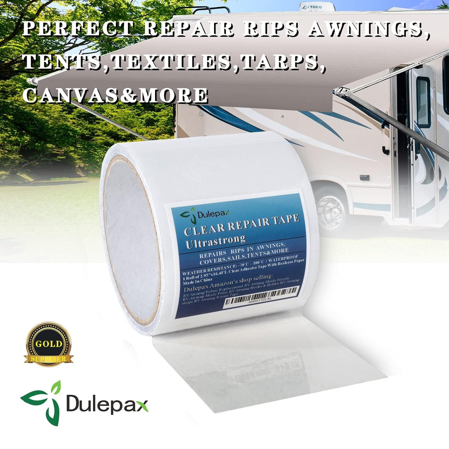 Dulepax-Tent Repair Tape,Awning Repair Tape,Boat Covers Repair,RV Covers Repair Kit,Tarp Repair,Canvas Pctch Kit,Sail Tape Etc...1 Roll of 30FT x 2.9"