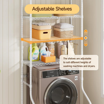ONBRILL Expandable Over Washer and Dryer Shelves, 3 Tiers Laundry Room Organization and Storage with Hanger Rod, 4 Hooks, Adjustable Height Metal Freestanding Clothes Drying Rack, White