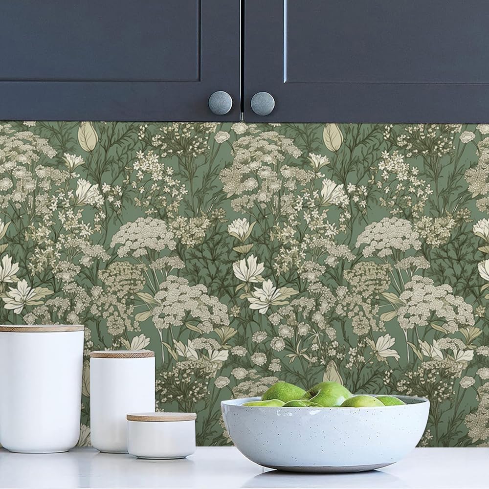 MuralPeel Dark Grey White Poppies Peony Floral Vintage Peel and Stick Wallpaper Self Adhesive Removable Easy Peel Off Stick on Wall Paper for Bedroom Cabinet Renter