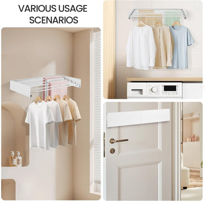 Wall Mounted Laundry Drying Rack, Carbon Steel Foldable & Retractable Clothes Drying Rack, Space Saving Adjustable Towel Holder for Bathroom, Laundry, Small Spaces (1, White, 31.5")