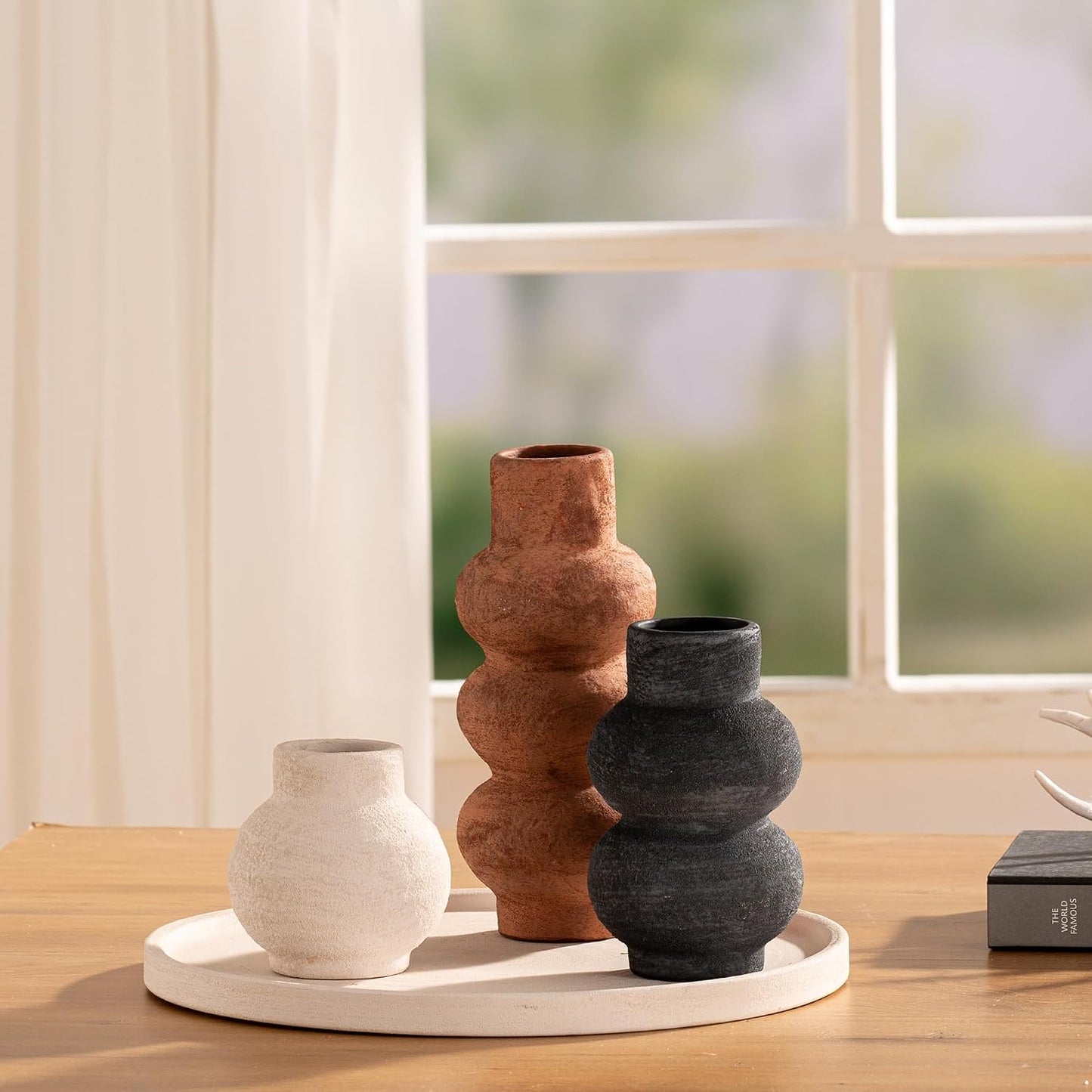 Ceramic Vase Home Table Decor - Flower Vase Set of 3 Living Room Kitchen Decorations Farmhouse Modern Rustic Vases Decorative Centerpiece for Shelf Bedroom Office Bathroom Dining Coffee Desk