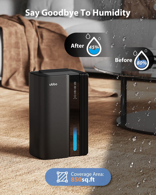 UBBO 95oz Dehumidifiers for Home, 1000 Sq.Ft Dehumidifier with Drain Hose - Auto Shut Off, Timer, Sleep Mode & Drain Hose - 7 Color Light for Bedroom, Bathroom, RV - Black Gold