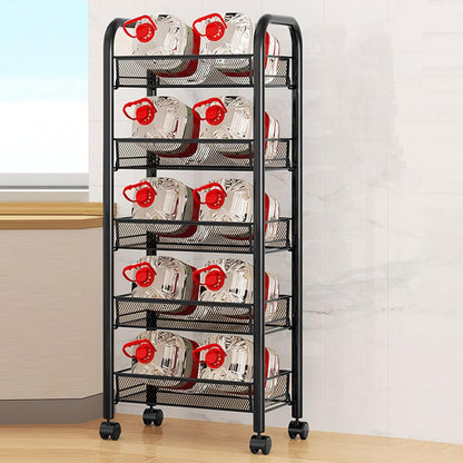 5-Tier Rolling Cart, Stackable Fruit Vegetable Rack, Kitchen Mesh Storage Basket with 360 Degree Wheels, Snack Cart for Kitchen Pantry Bathroom Organizer Heighten Guardrail Detachable (5-Tier Black)