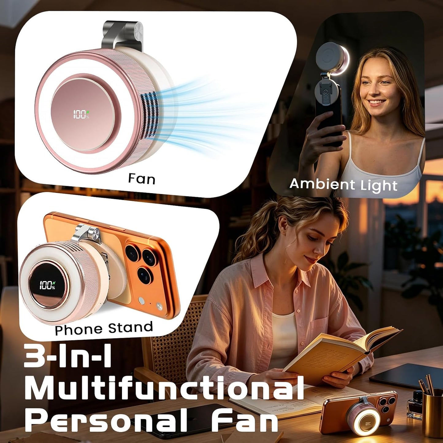 Portable Clip-On Fan, Mini USB Rechargeable 360° Rotatable Fan, Personal Fan 3-Speed Silent Mini Bladeless Fans