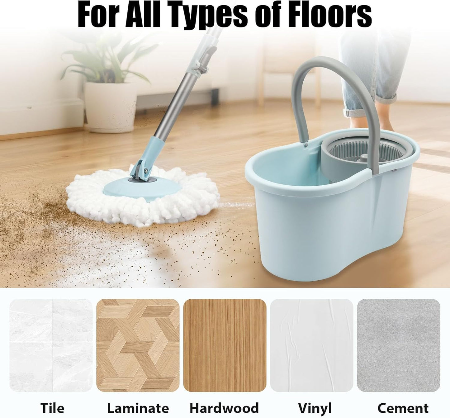 Spin Mop and Bucket with Wringer Set,360° Mop and Bucket System with 3 Microfiber Mop Refills and 50" Extended Handle for Floor Cleaning