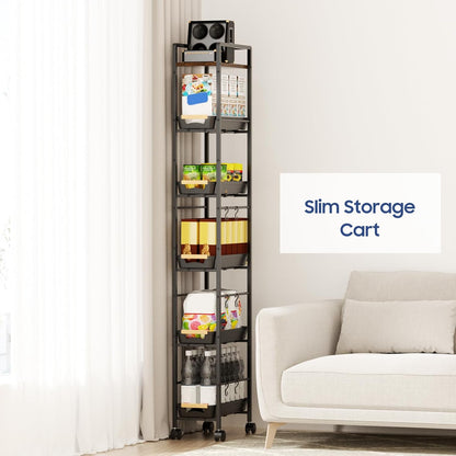 6 Tier Slim Storage Cart with Pull-Out Baskets Rolling Cart with Wheels Wood Top Narrow Utility Cart Metal Shelving Units for Pantry Laundry Room Bathroom Kitchen White 8in(W)