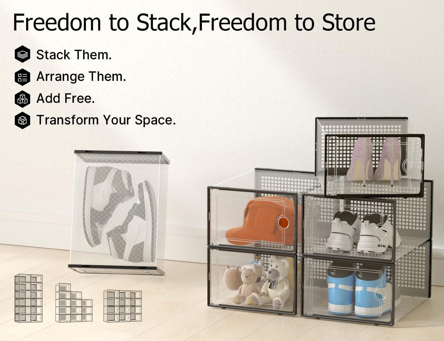 Kuject X-Large Shoe Storage Boxes Organizers for Closet 12 Pack, Fit Size 11,Clear Plastic Stackable Sneaker Containers for Entryway, Space Saving Shoe Rack, Brown