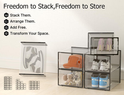 Kuject X-Large Shoe Storage Boxes Organizers for Closet 12 Pack, Fit Size 11,Clear Plastic Stackable Sneaker Containers for Entryway, Space Saving Shoe Rack, Brown