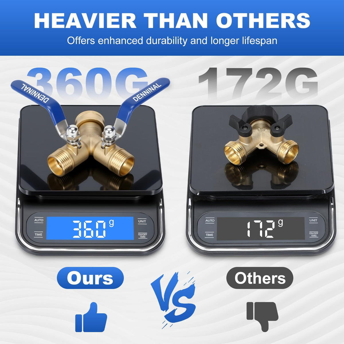 Brass Garden Hose Splitter 2 Way Heavy Duty, Safe Water Hose Splitter with 304 Stainless Steel Long Handle, Outdoor Full Flow Hose Bib Splitter Connector, Y Valve 3/4 Inch GHT Thread