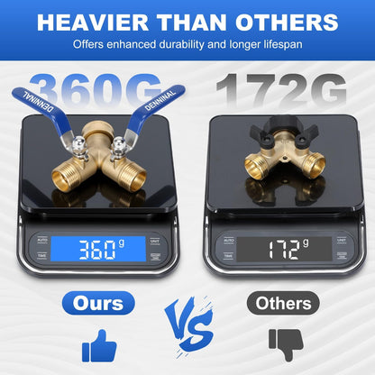 Brass Garden Hose Splitter 2 Way Heavy Duty, Safe Water Hose Splitter with 304 Stainless Steel Long Handle, Outdoor Full Flow Hose Bib Splitter Connector, Y Valve 3/4 Inch GHT Thread