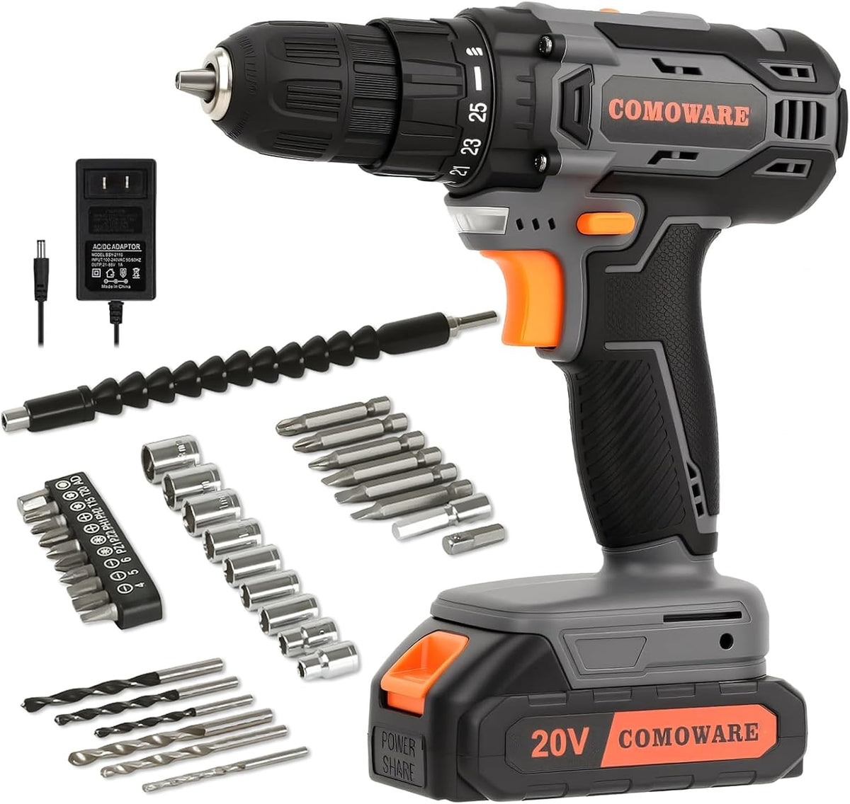 COMOWARE Household Tool Set with 20V Cordless Drill Driver, 120Pcs Hand Tool Kit for Men, Power Drill Set with Plastic Toolbox, Ideal for Office, Garden, DIY Project