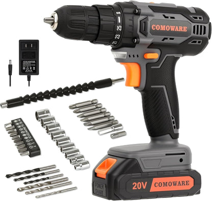 COMOWARE Household Tool Set with 20V Cordless Drill Driver, 120Pcs Hand Tool Kit for Men, Power Drill Set with Plastic Toolbox, Ideal for Office, Garden, DIY Project