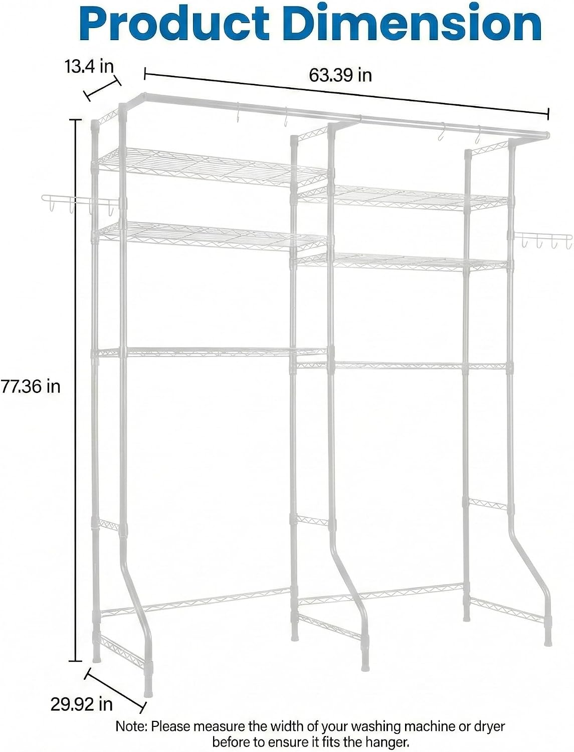 Over the Washer and Dryer Storage Shelf, 6-Tier Laundry Room Organizer with Hanging Rod & Hooks, Adjustable Heavy Duty Carbon Steel Space Saver Rack, Fits Most Washers and Dryers, Black (White)