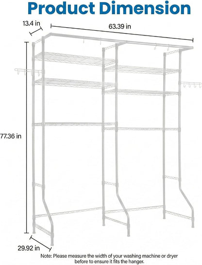 Over the Washer and Dryer Storage Shelf, 6-Tier Laundry Room Organizer with Hanging Rod & Hooks, Adjustable Heavy Duty Carbon Steel Space Saver Rack, Fits Most Washers and Dryers, Black (White)