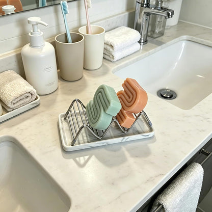 Soap Dish, Stainless Steel Self Draining Shower Bar Soap Holder with Ceramic Dish Tray, W Style Soap Saver for Bathroom, Sink, Kitchen and Countertop(Gray Texture)