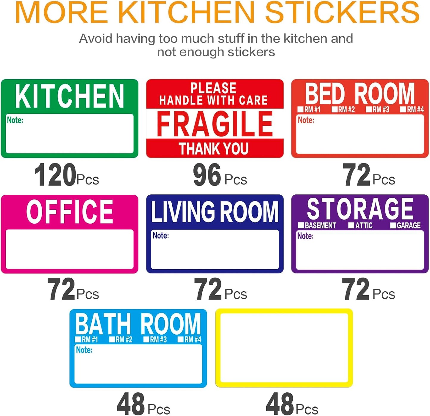 300 Count 3.5 x 2 Large Home Moving Packing Box Labels for 3-4 Bedroom House with Writable Notes Areas, 7 Color Coded Moving Labels for Boxes + Fragile Moving Stickers