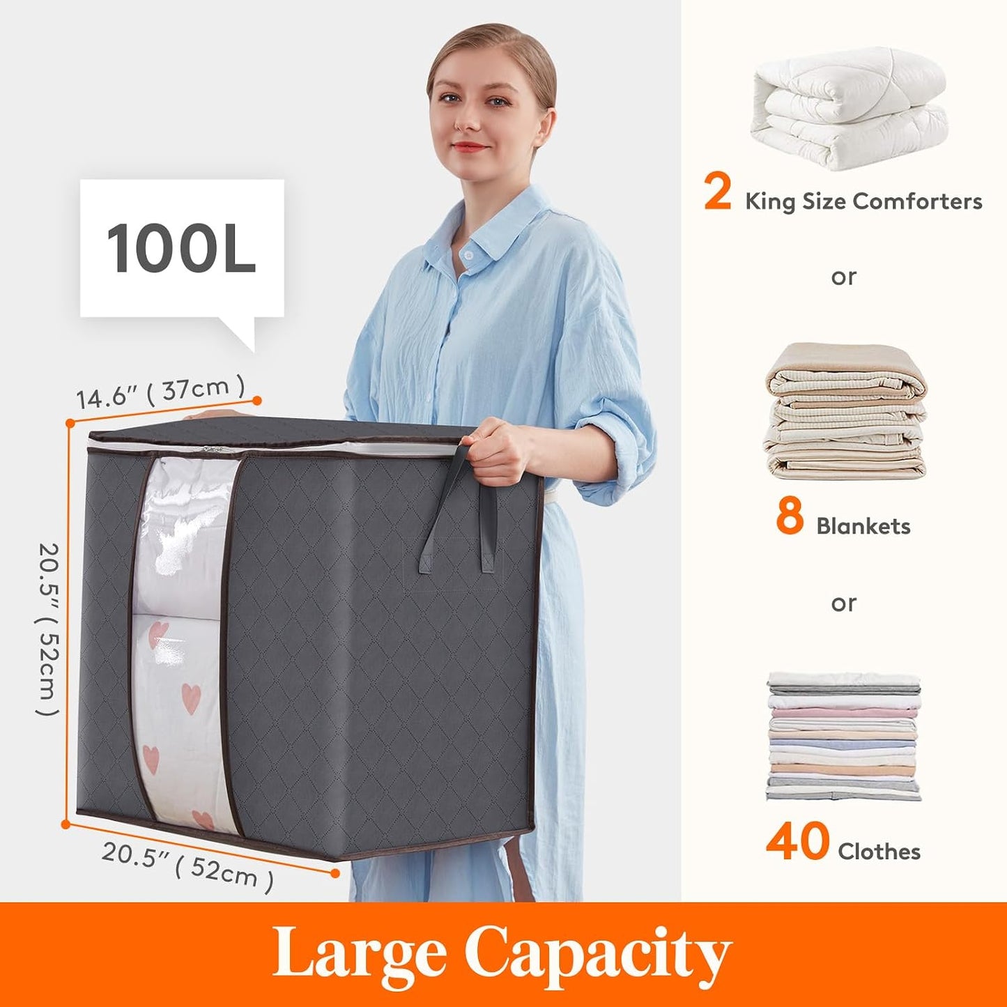 Lifewit 3 Pack 90L Clothes Storage Bins with Lids, Foldable Blanket Storage Bags with Zippers, Clear Window and Reinforced Handles, Closet and Organization for Clothing, Sweater, Comforter, Bedding