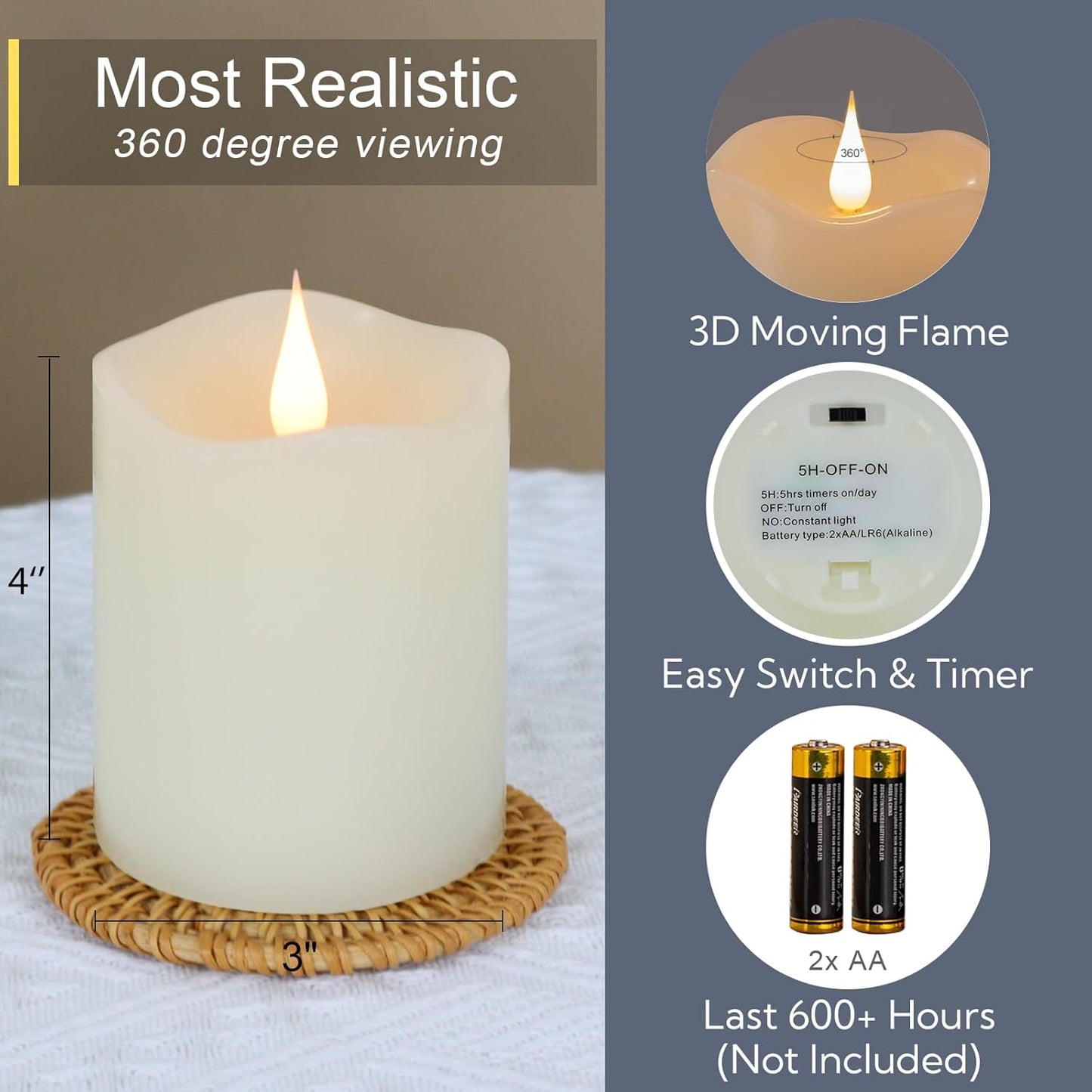 TECHLONG Flameless Candles Battery Operated with Remote Timer, 3D Moving Flame Flickering, Last 600+ Hours Battery Candles, 3" x 3" Ivory Real Wax Electric LED Candle for Wedding Party, Set of 2