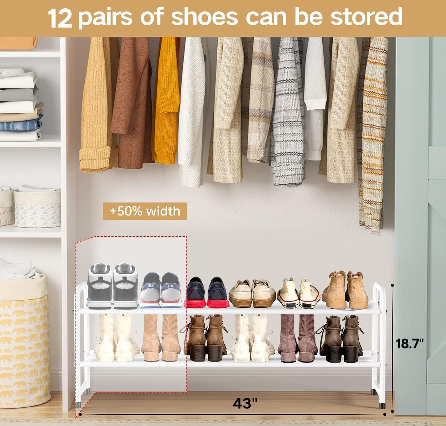 KEETDY 3-Tier Long Shoe Rack for Closet Metal Shoe Organizer for Entryway, Wide Stackable Shoe Storage Shelf with Sturdy Wire Grid for Closet Floor, Bedroom, Black