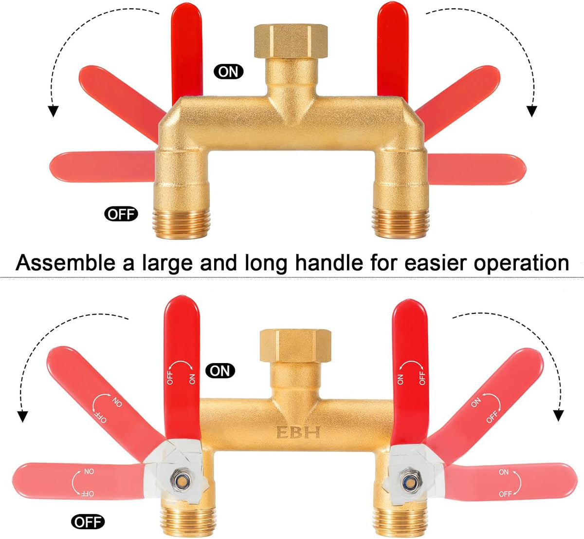 EBH Garden Hose Splitter, 2-Way High Flow Heavy Duty Brass Outdoor Hose Manifold with Extra Long Handles Full Flow Faucet Adapter- 3/4” GHT(Red)