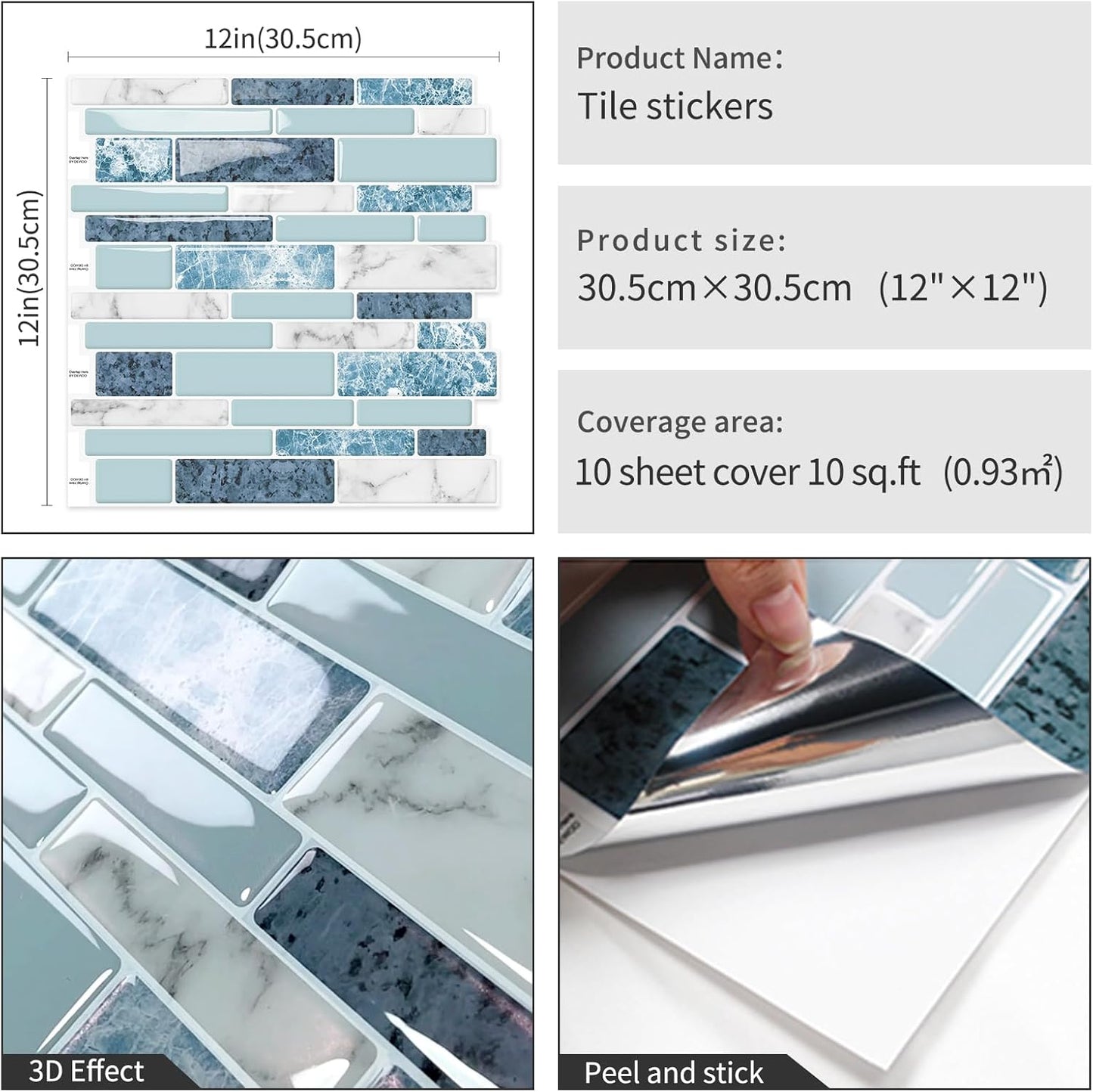 DEWOO Peel and Stick on Self Adhesive Backsplash Wall Marble Tiles Stickers 3D for Kitchen Bathroom,Spliced Blue (10-Sheet, 12"×12")