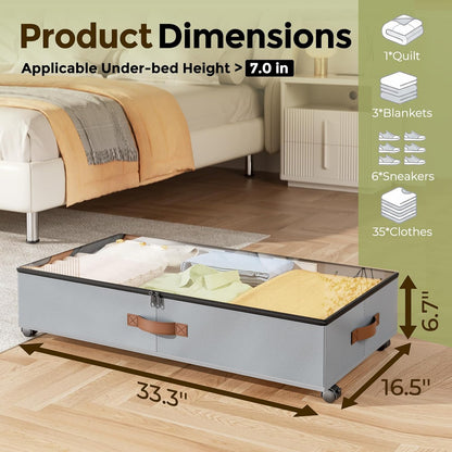 LAMU Under Bed Storage with Wheels, 2 Pack Under Bed Storage Containers with Clear Lids & Label, Rolling Under Bed Drawers for Clothes, Shoes, Blankets, Black