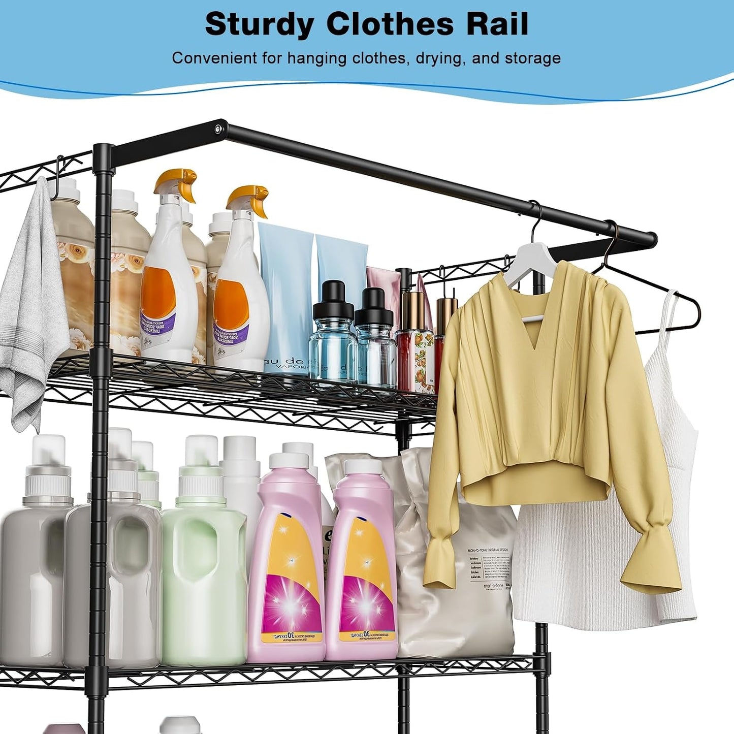 3 Tier Over Washer Dryer Storage Shelf, Carbon Steel Adjustable Height Laundry Organizer with Hooks Hanging Rod Anti-Tip for Laundry Room Black