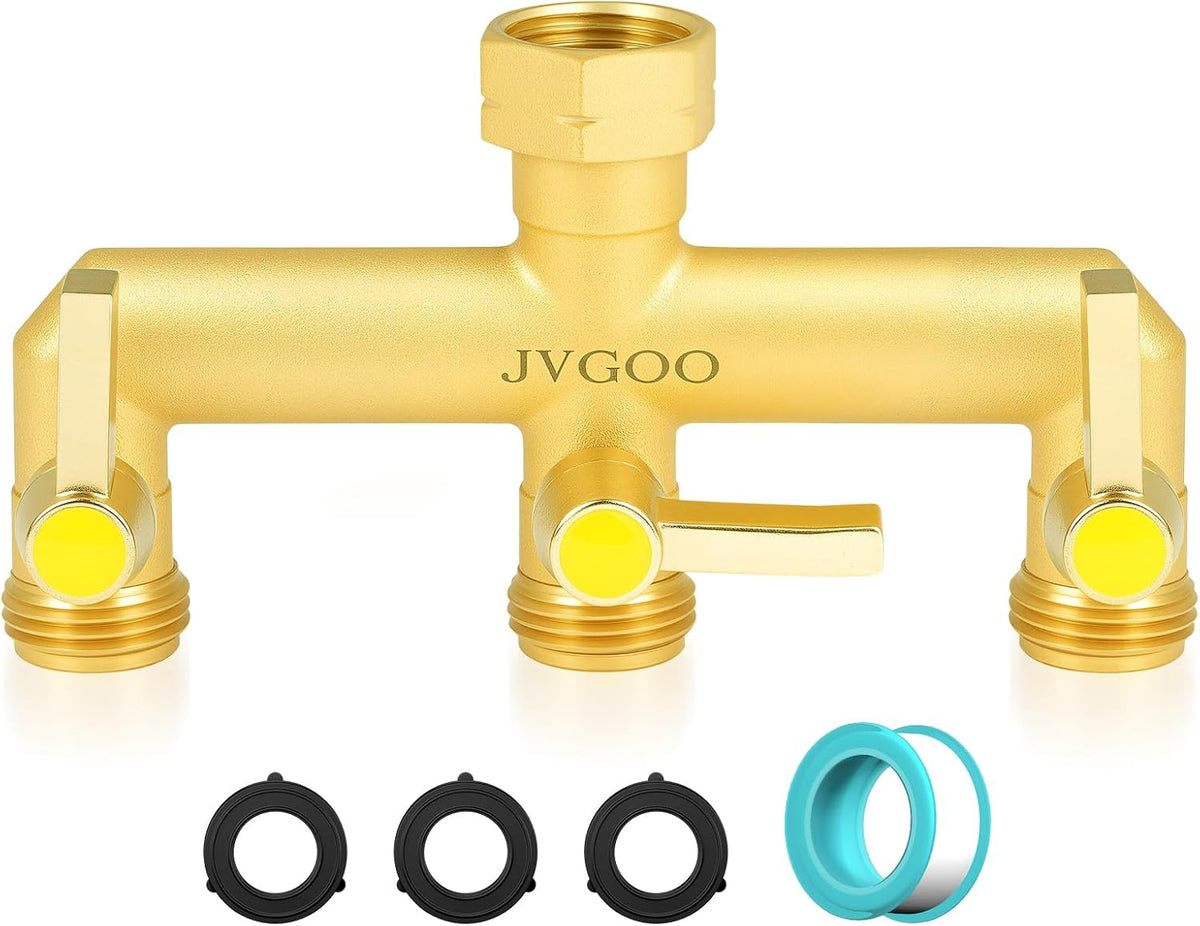 Garden Hose Splitter, Brass 3 Way Hose Splitter, 3/4" Water Hose Splitter 3 Way Heavy Duty with Metal Shutoff Valve and Extension Handle, Outdoor Faucet Splitter Water Spigot Splitter Manifold