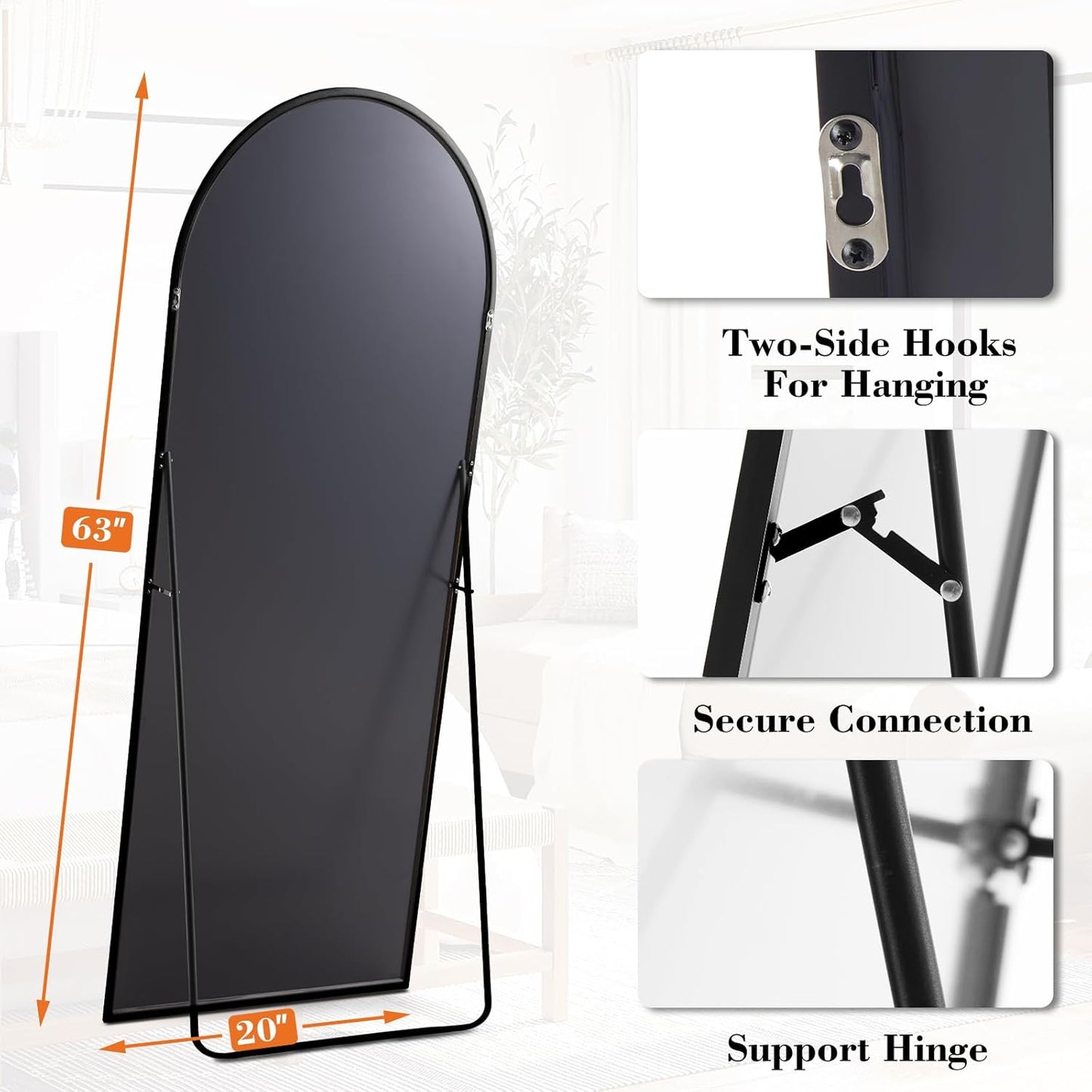 DUMOS 64"x21" Arched Full Length Floor Mirror, Full Body Mirror with Stand, Shatterproof Tempered Glass, Modern Aluminum Alloy Frame, Free Standing or Leaning for Home Decor, Gold