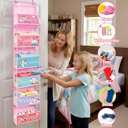 2 Pack Weekly Clothes Organizer for Kids, 6 Shelf Hanging Closet Organizer with Clear Window, Foldable Days of the Week Over the Door Outfit Organizer with Labels for Closet School