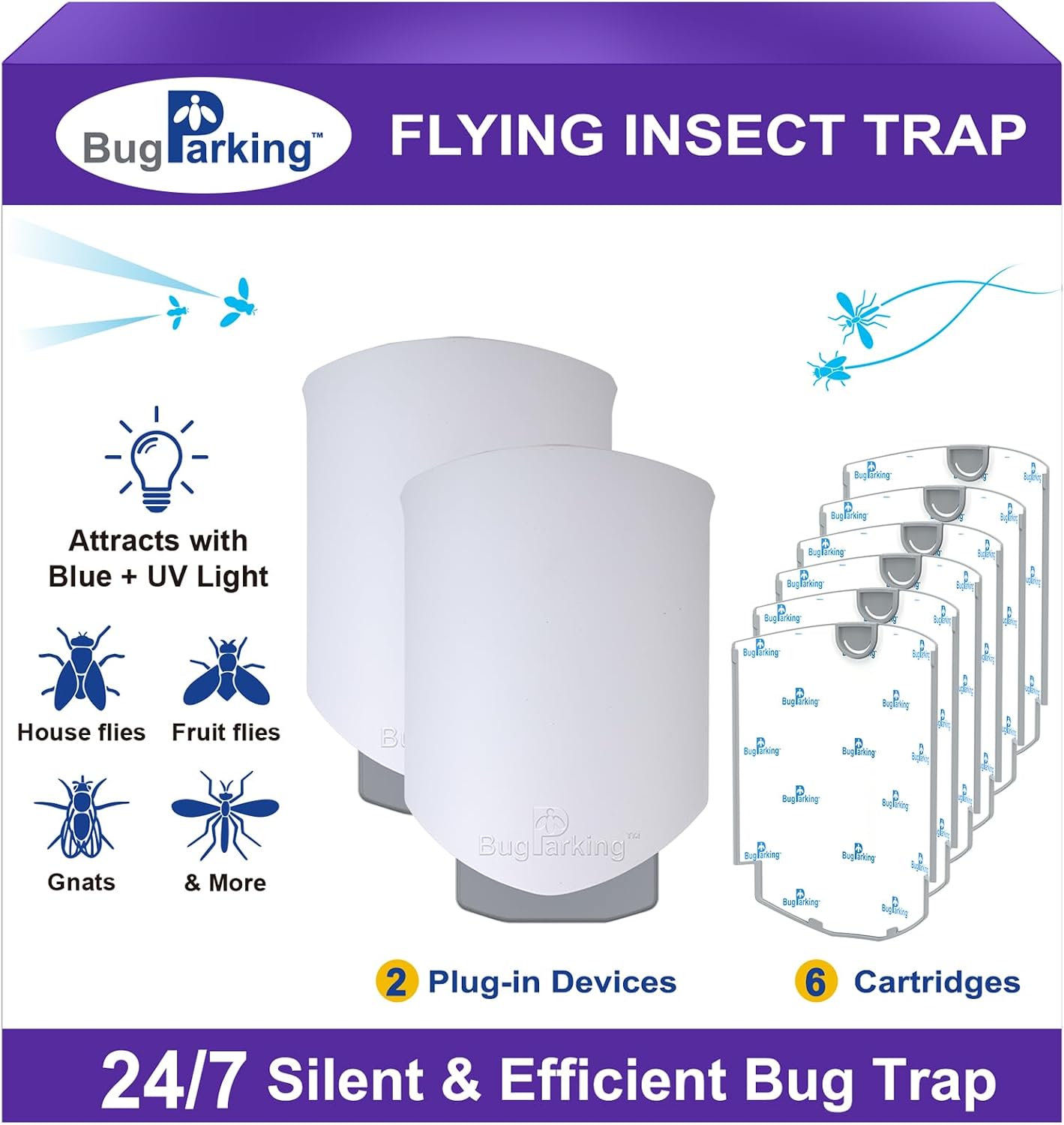Flying Insect Trap, Plug-in UV Light for Gnats, Fruit Flies and Houseflies, Silent Sticky Catcher for Indoor Use, 1 Device & 3 Refills
