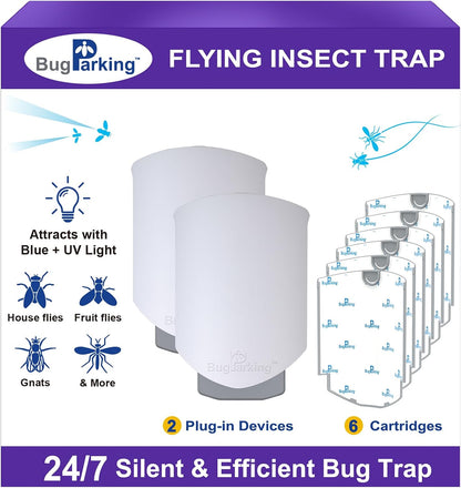 Flying Insect Trap, Plug-in UV Light for Gnats, Fruit Flies and Houseflies, Silent Sticky Catcher for Indoor Use, 1 Device & 3 Refills