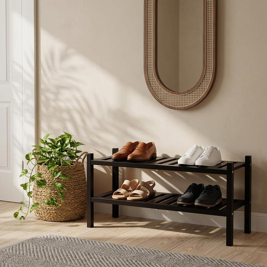 VICTORY RELAX 2 Tier Shoe Rack, Stackable Acacia Wood Shoe Organizer for Entryway, Closet, Hallway or Mudroom, Compact Short Shoe Shelf for Small Spaces, Natural Color
