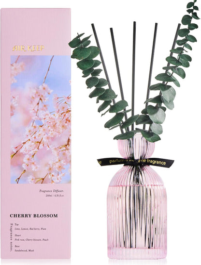 Airkeep Reed Diffuser Set 6.76 oz – Cherry Blossom Home Fragrance with Eucalyptus Sticks – Decorative Glass Bottle for Bathroom, Bedroom & Living Room Décor – Gift Ready