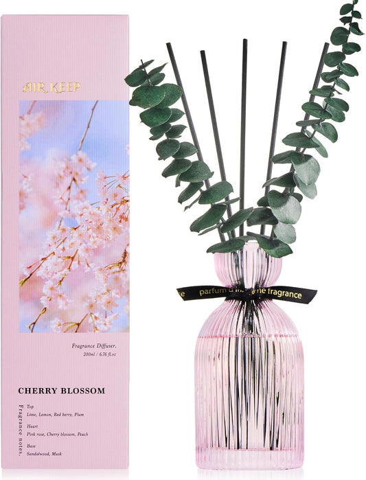 Airkeep Reed Diffuser Set 6.76 oz – Cherry Blossom Home Fragrance with Eucalyptus Sticks – Decorative Glass Bottle for Bathroom, Bedroom & Living Room Décor – Gift Ready