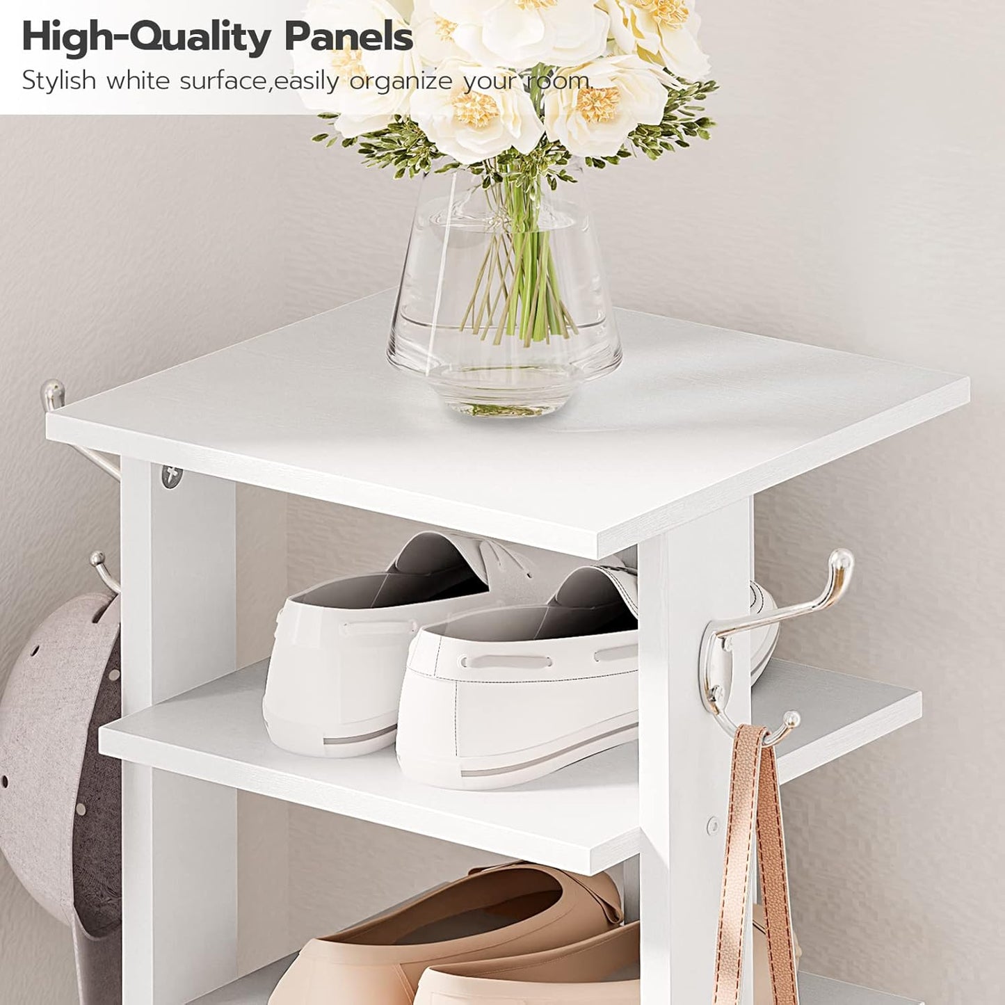 HOOBRO 8 Tiers Vertical Shoe Rack, Wooden Shoe Storage Organizer with Hooks, Narrow Shoe Tower for 8 Pairs, Space Saving, for Entryway, Living Room, Bedroom, Rustic Brown BF07XJ01G1