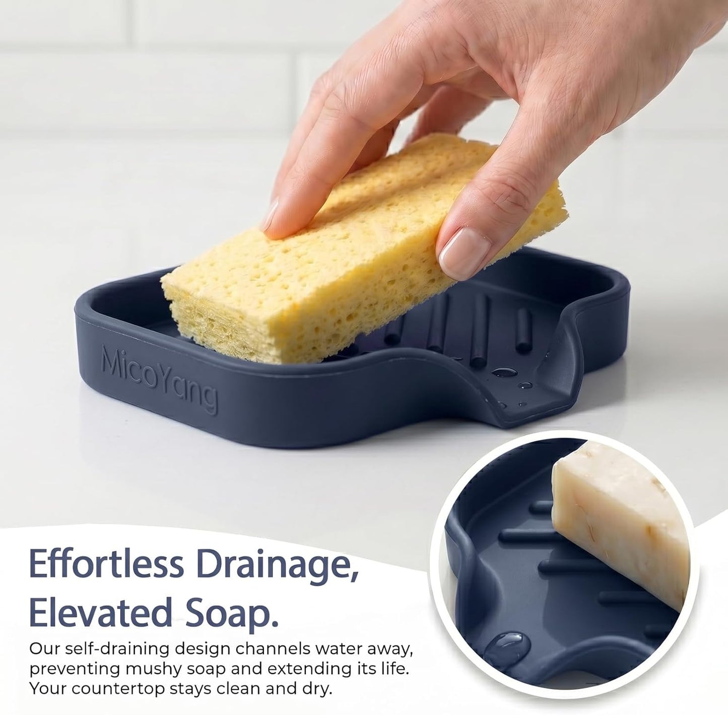 MicoYang Silicone Bathroom Soap Dishes with Drain Spout-Bathroom and Kitchen Sink Organizer,Sponge Holder,Dish Soap Tray,Perfect for Dispenser,Scrubber,Bottle,Cup on Sink or Counter-Coffee 4.9"×3.2"