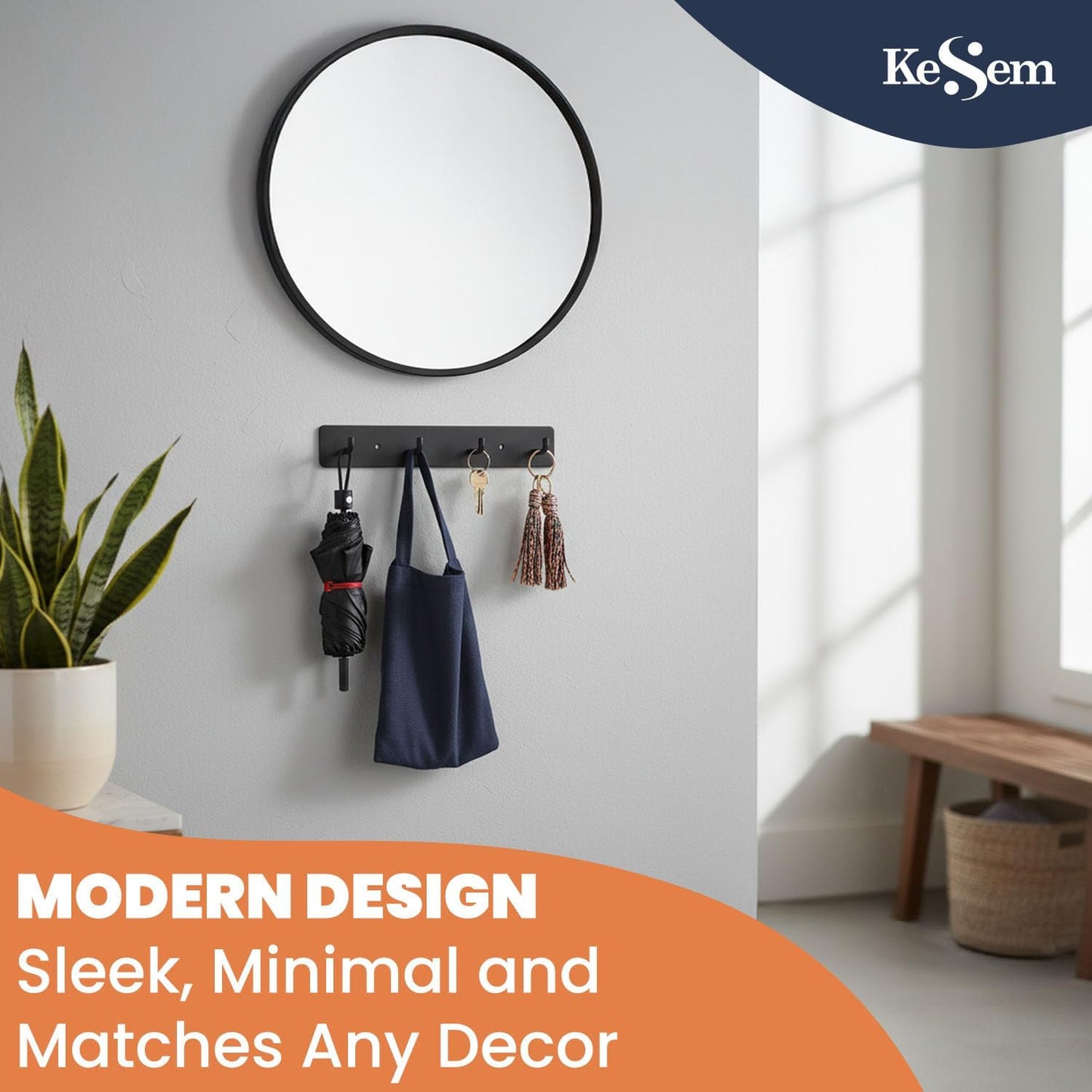 KESEM Key Holder Wall Mount, Key Rack with 4 Hooks for Wall/Door Mounted Metal Keys Rail Hanger, 2 Installation Options Self Adhesive or Screws, Black