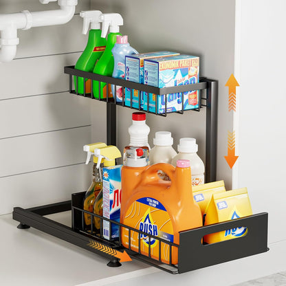 Saydear Under Sink Organizer Storage 2-Tier Premium Metal Pull-Out Kitchen Cabinet Organizer with Sliding Drawer, Height Adjustable, Heavy Duty for Kitchen & Bathroom Organizers 2 Pack Black
