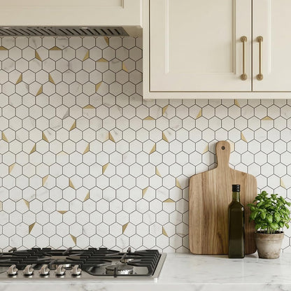 10-Sheet Heavy-Duty Hexagon Peel and Stick Backsplash, Thick Waterproof &Heat Resistant Stick on Wall Tiles, Slate Beige Mosaic for Kitchen & Bathroom, Strong Adhesive Permanent PVC Tiles