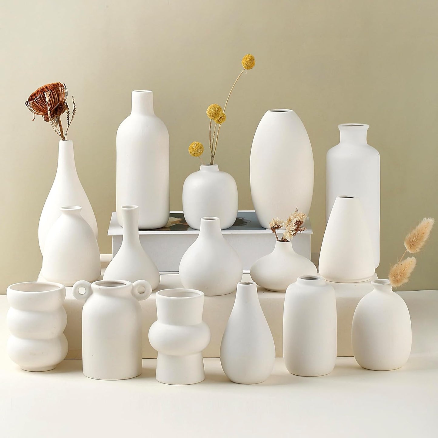 Set of 16 White Ceramic Bud Vases, Minimalist Boho Small Pampas Grass Flower Vase for Farmhouse Home Decor, Wedding Centerpiece, Shelf and Table Decoration