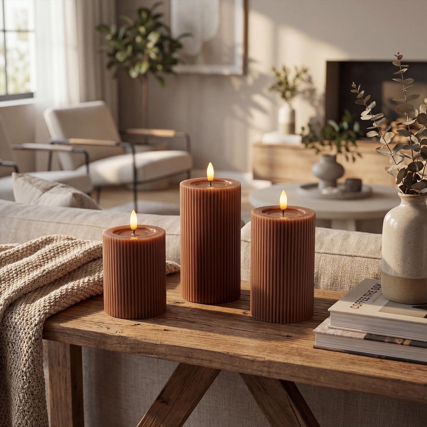 Fluted Ribbed LED Pillar Candles, Cream Beige, with Reflective Melted-Wax Effect – Flickering Flame, Remote, Dimmable, Flameless, Battery Operated, Home & Wedding Decor (Set of 3)