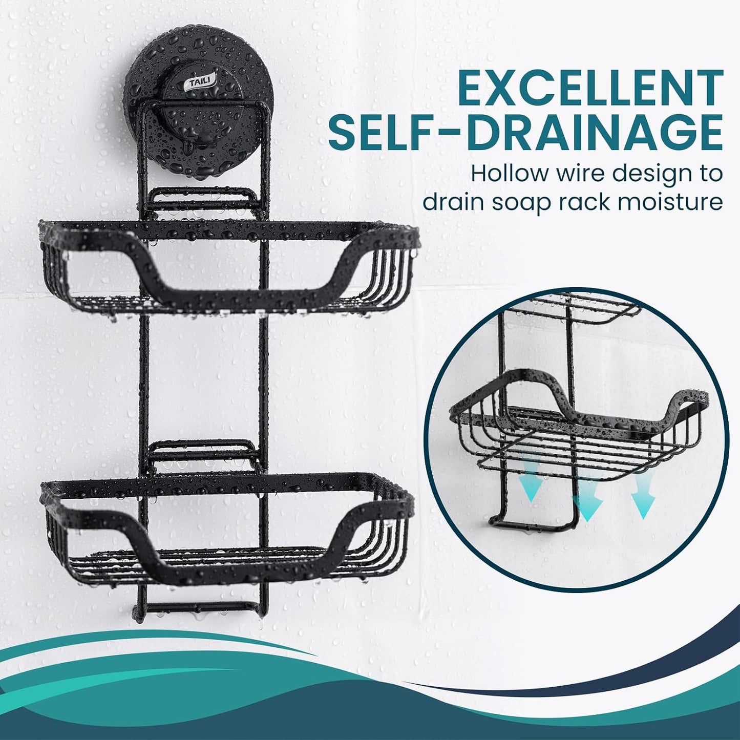 TAILI Soap Holder for Shower – Suction Cup Bar Soap Dish with Hooks, Rustproof Stainless Steel, Self-Draining Sponge Holder with Razor Holder for Bathroom & Kitchen, Black