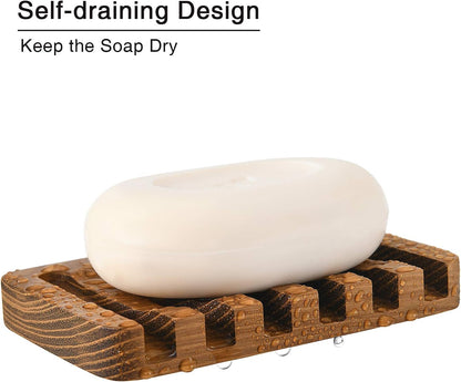 SUBEKYU Wooden Soap Dishes for Bathroom/Shower, Bar Soap Holder with Self Draining Tray, Natural Waterfall Drain Soap Saver, Teak (2P)