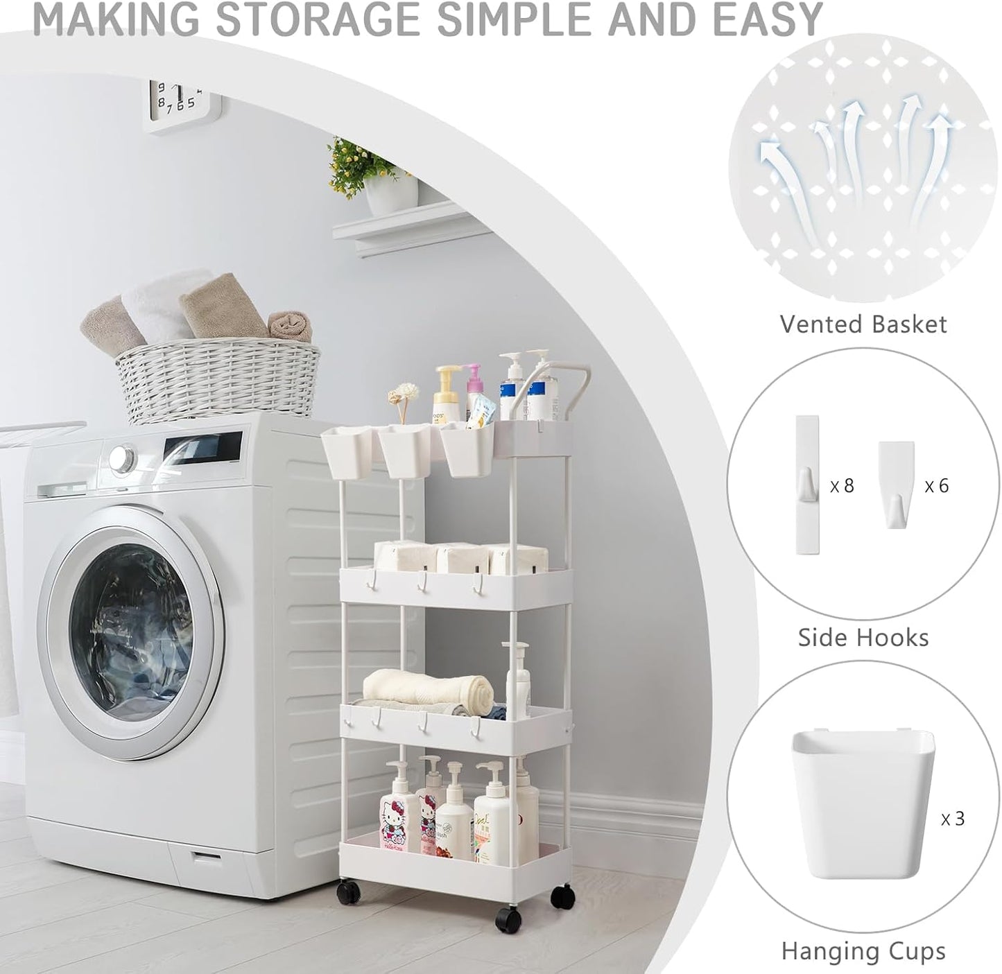danpinera Storage Cart on Wheels, 3 Tier Slim Laundry with Wheels Bathroom Organizer with Hanging Cups Hooks Dividers Handle Mobile Rolling Art Cart for Bathroom Kitchen Narrow Places, White